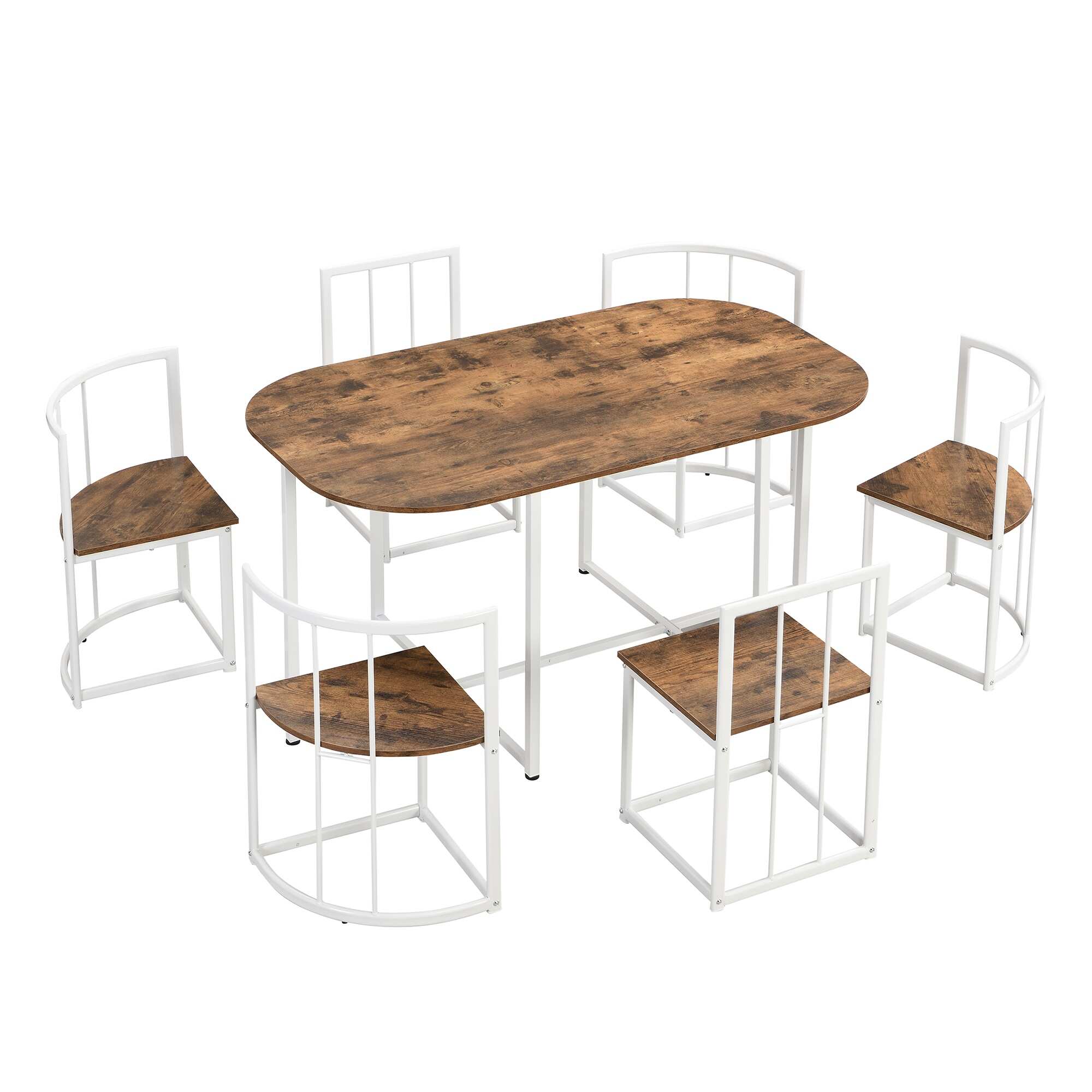 Modern 7-Piece Iron Oval Fixed Dining Table Set with 55Inch Kitchen Table and Triangular Chairs for Dining Room