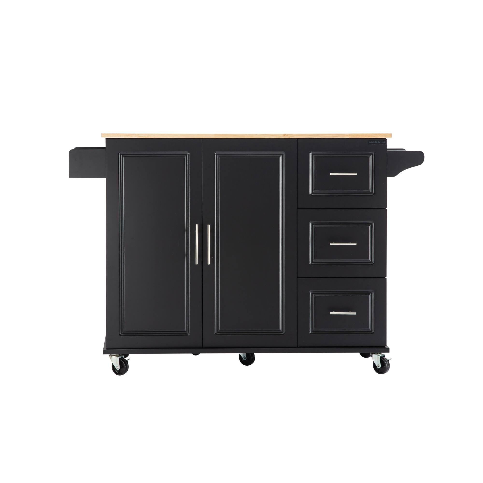 Kitchen Island with Extensible Rubber Wood Table Top, 54 in Kitchen Cart with adjustable Shelf Inside Cabinet, 3 Big Drawers