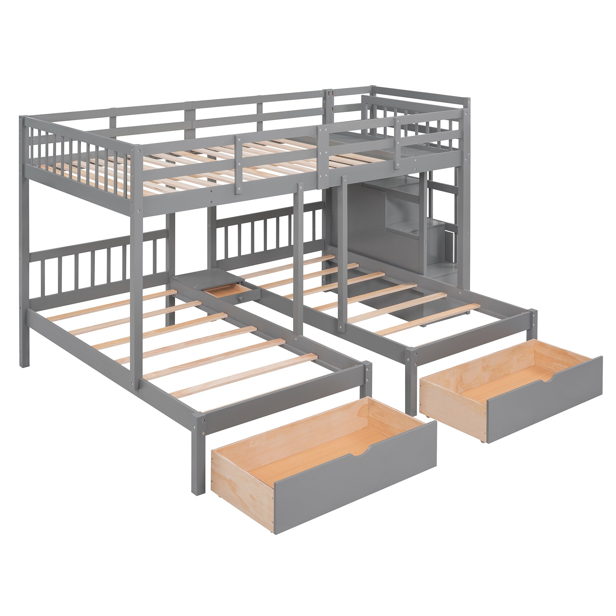 Full over Twin & Twin Bunk Bed, Wood Triple Bunk Bed with Storage Drawers and Storage Stairs, Full-Length Guardrail Top Bunk