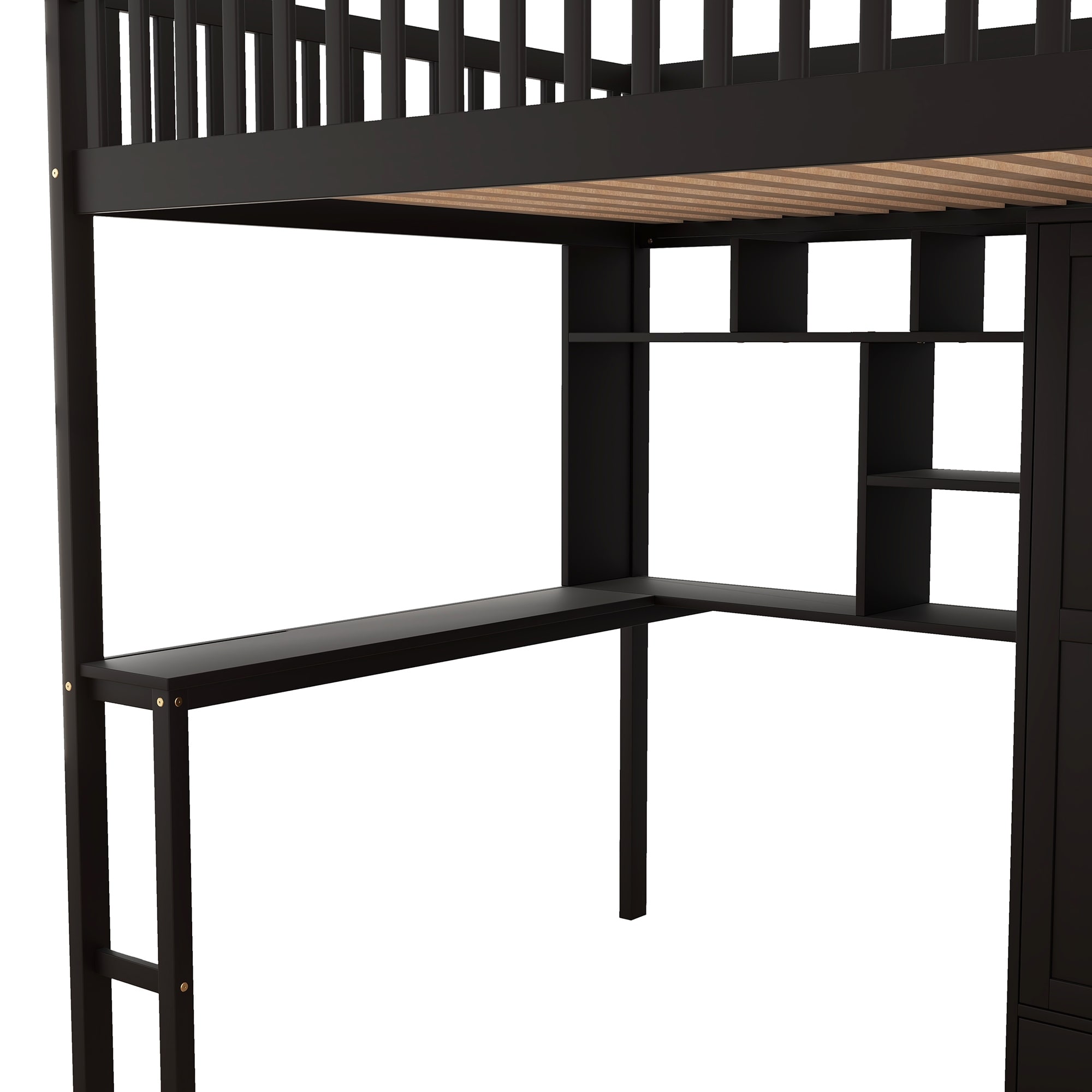 Full Size Loft Bed with Bookshelf and Storage Drawers & Desk, Wardrobe, Full-Length Guardrail Top Bunk for Kids Teens