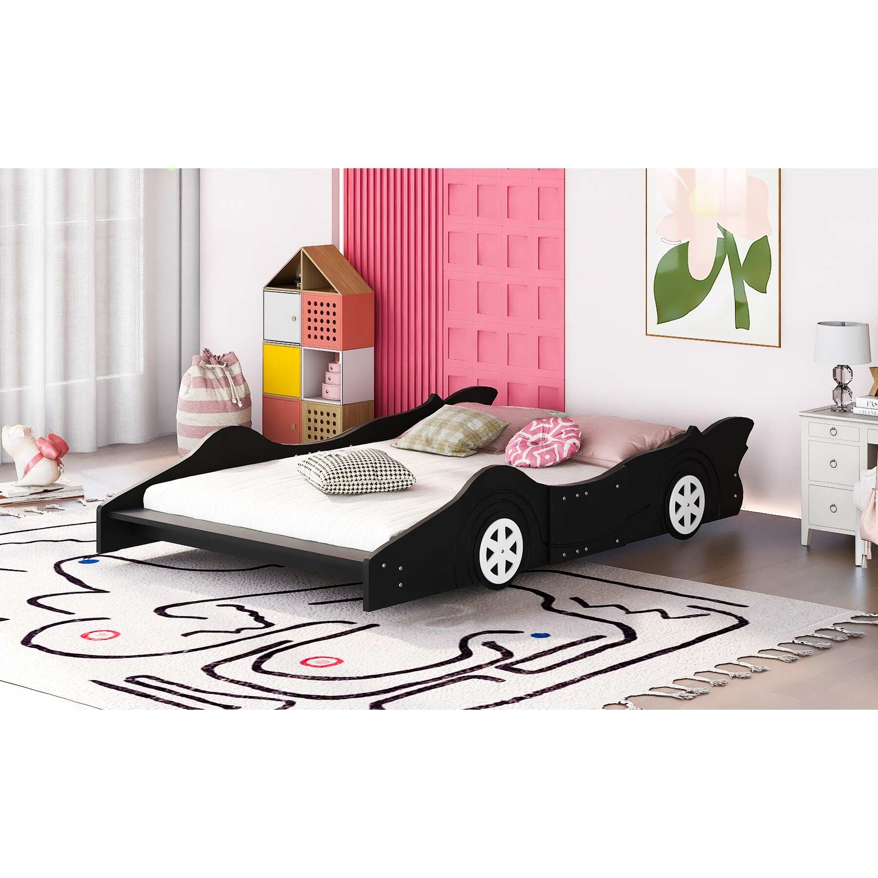 Full Size Race Car Bed with Four Wheels, Wood Platform Bed with Support Slats and Guardrails, Fun Bed Frame - Black
