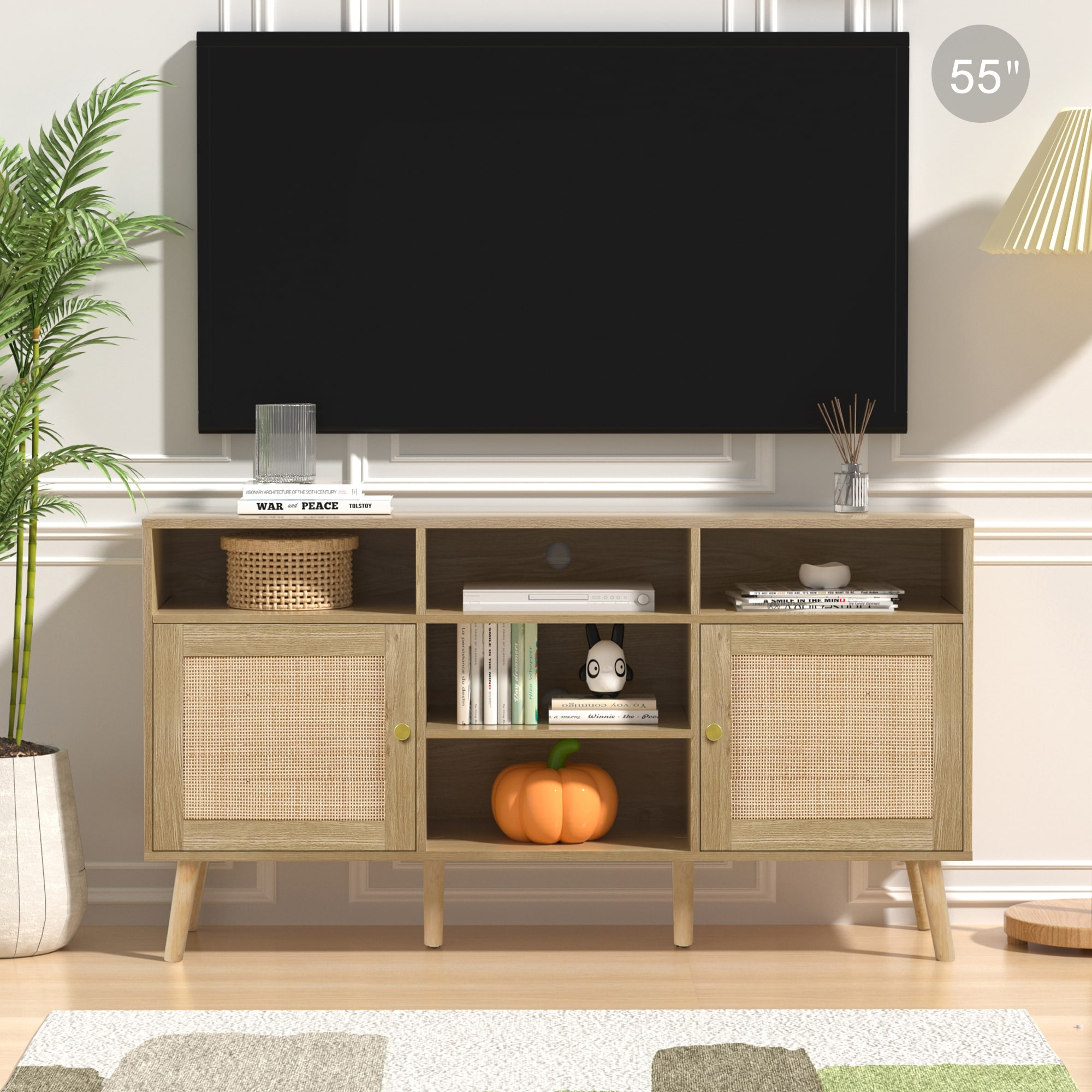 Anmytek Natural Oak Rattan TV Stand Up to 65 Inch TVs with Open Shelf Console Table TV Stand Entertainment Centers