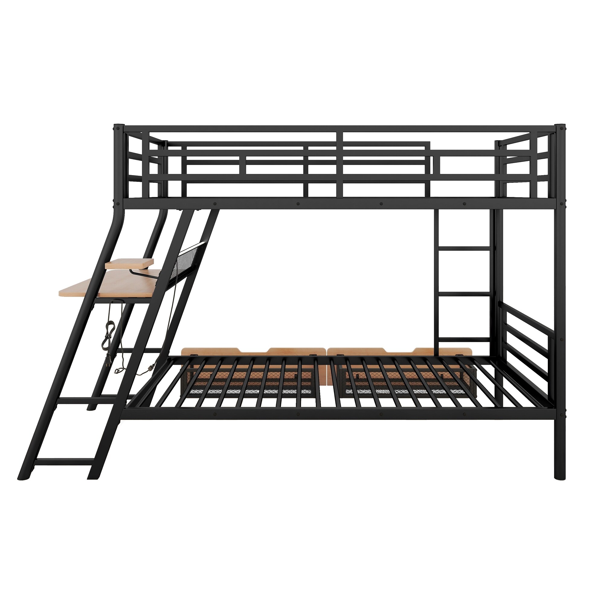 Twin Metal Bunk Bed with Built-in Desk, Light and 2 Drawers, Black