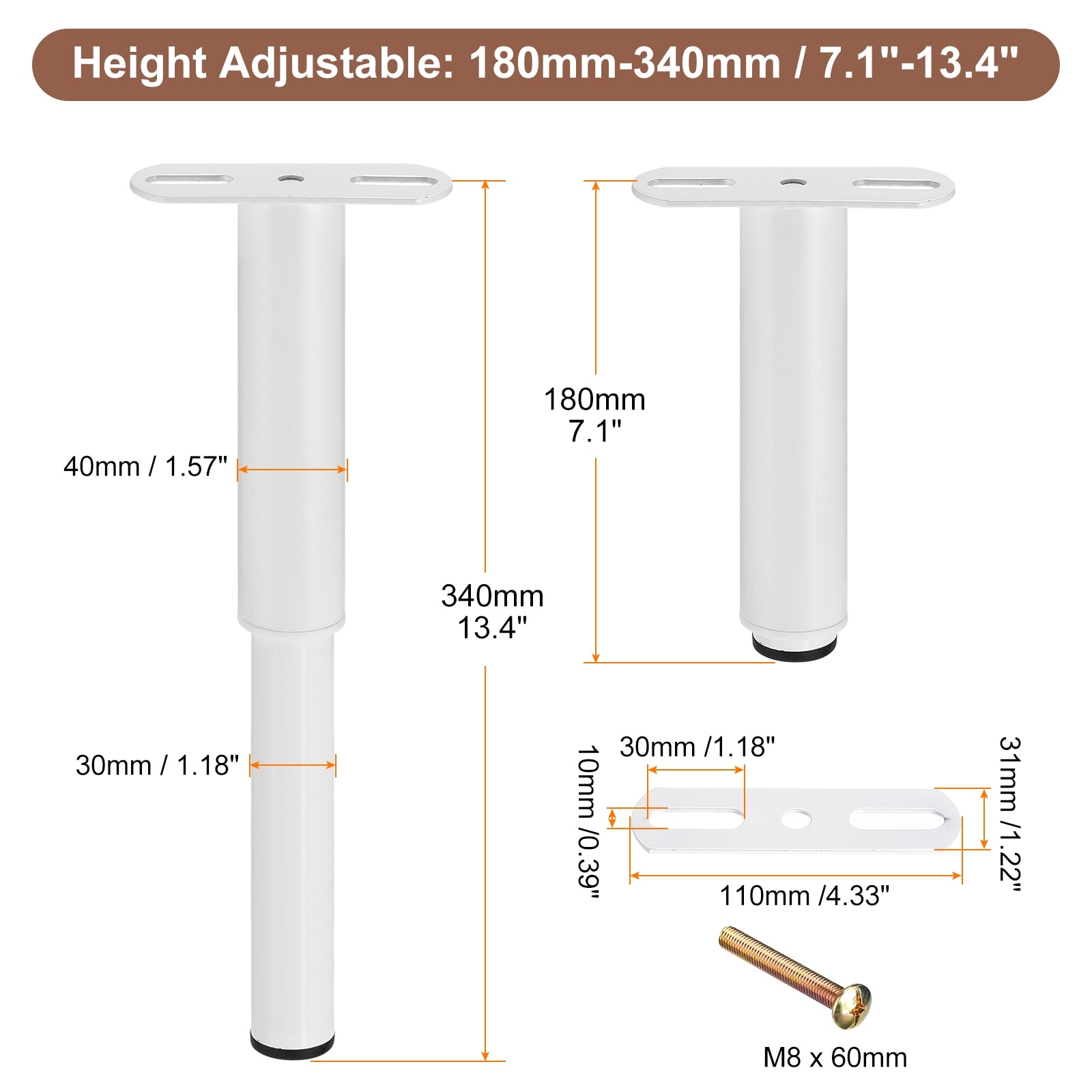 Adjustable Height Bed Frame Support Legs, 180mm-340mm/7.1"-13.4"