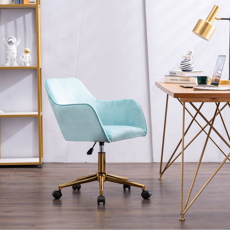 Modern Velvet Office Chair with Adjustable Height 360° Swivel Gold Metal Legs Universal Wheels