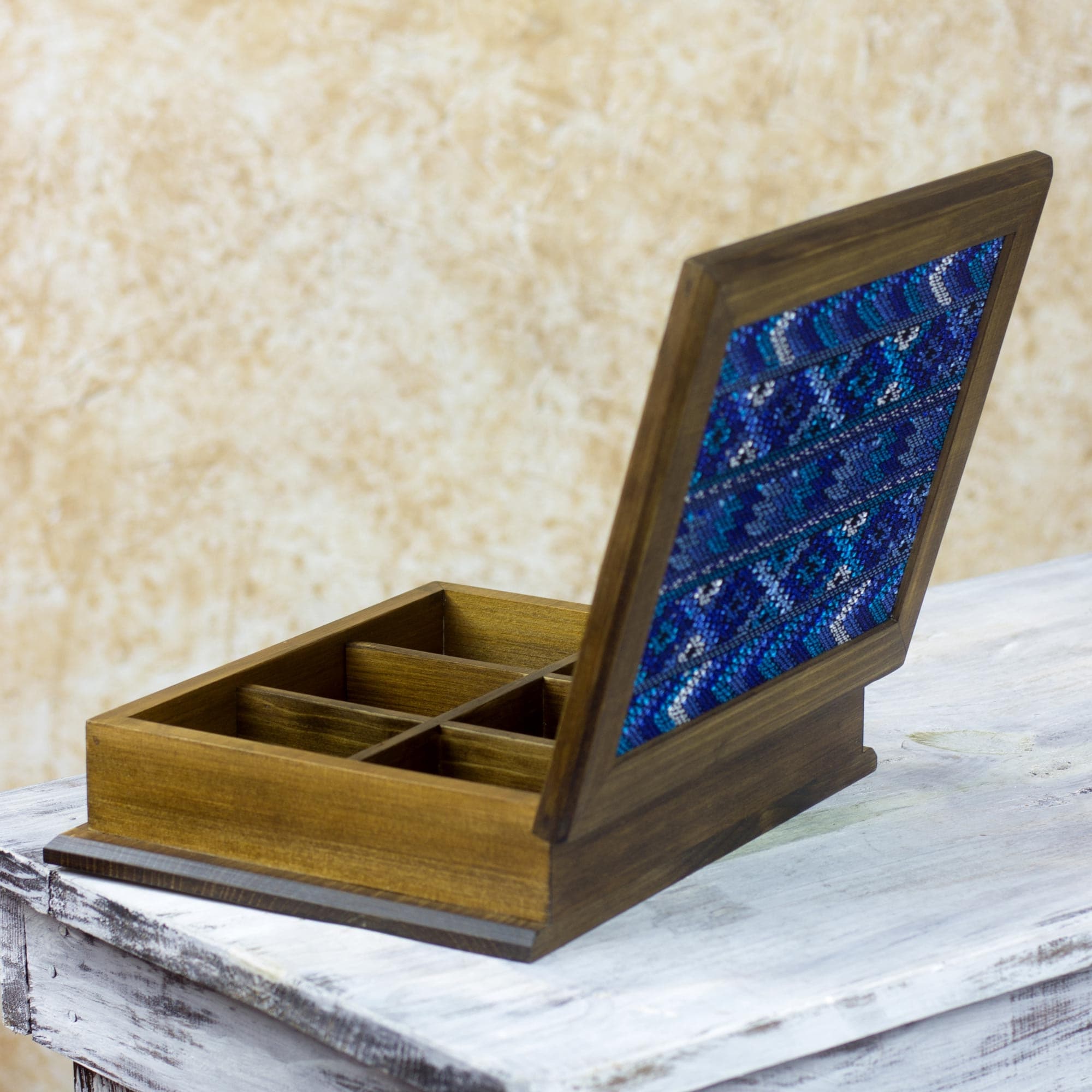 Novica Handmade San Martin Blue Wood And Cotton Tea Box