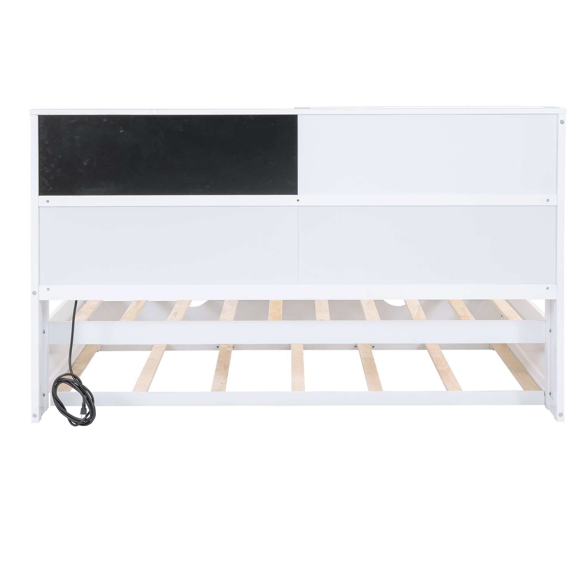 Twin Size Daybed with Twin Trundles for Kids Boys Girls, Wood Bed with Storage Shelves, Blackboard, Cork Board and USB Ports