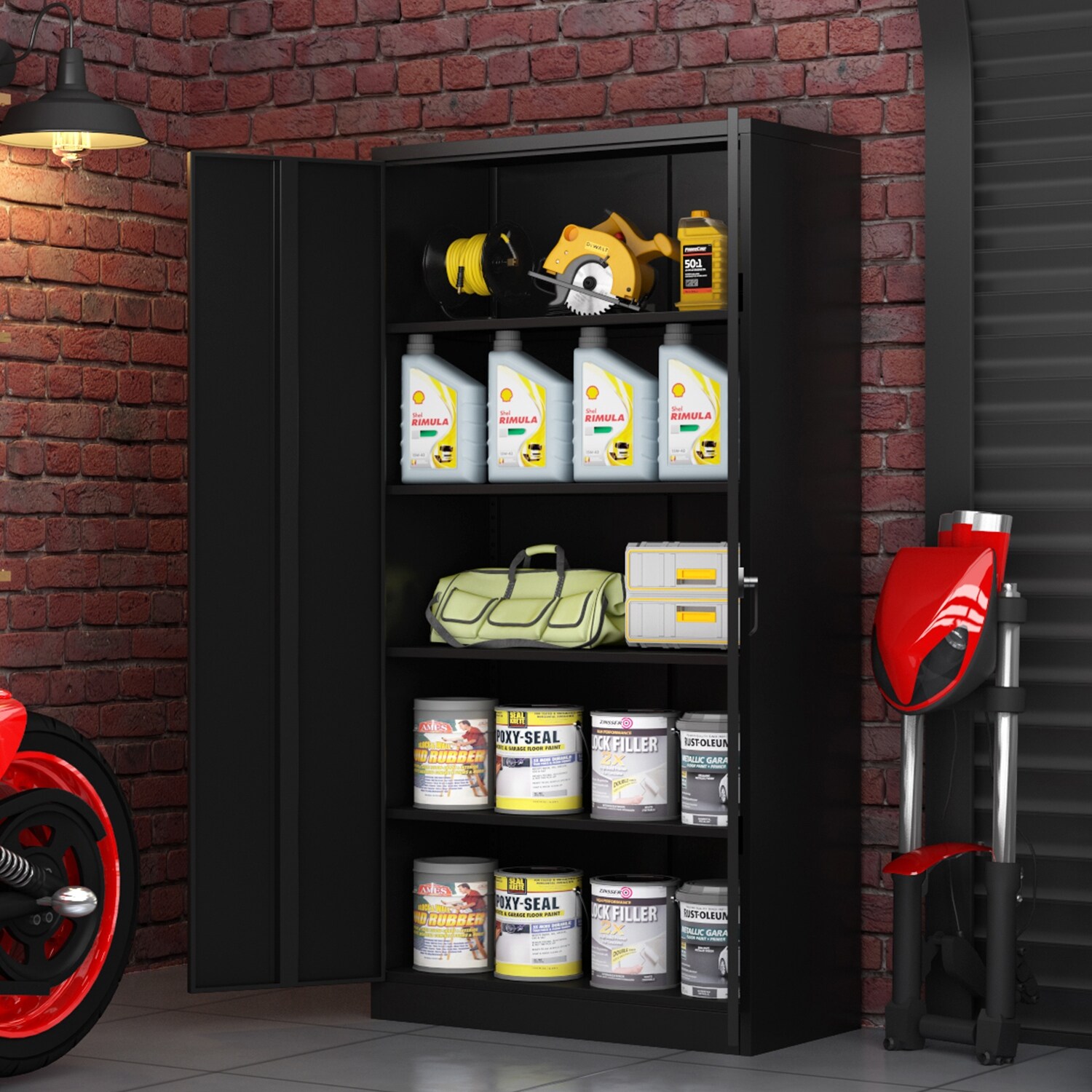 Metal Storage Cabinet with Durable Black Steel Design, 2 Doors, and 4 Adjustable Shelves - Lockable