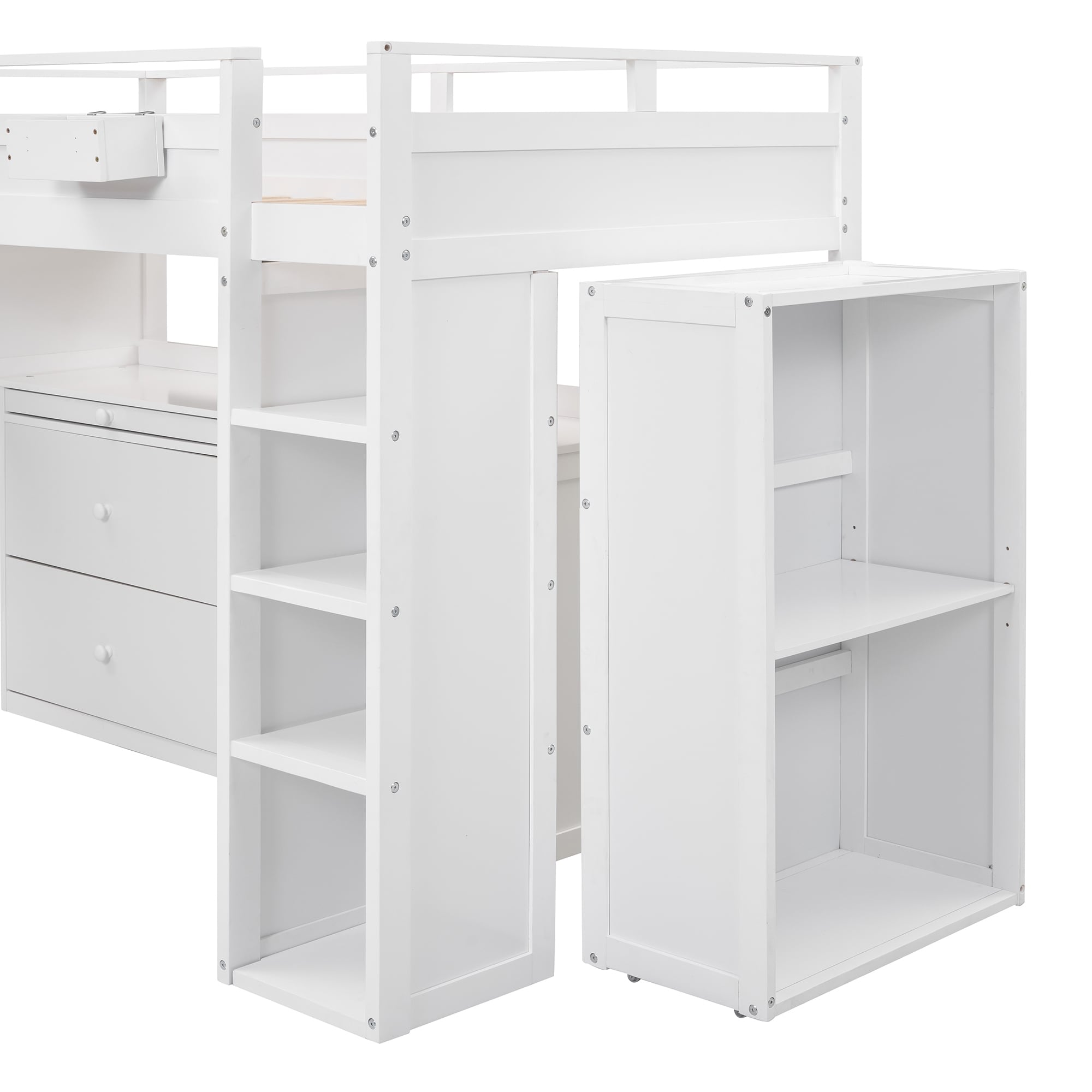Versatility Twin Size Loft Bed with Rolling Cabinet & Desk, Solid Wood Storage Bedframe with 2 Drawers & Large Storage Cabinet