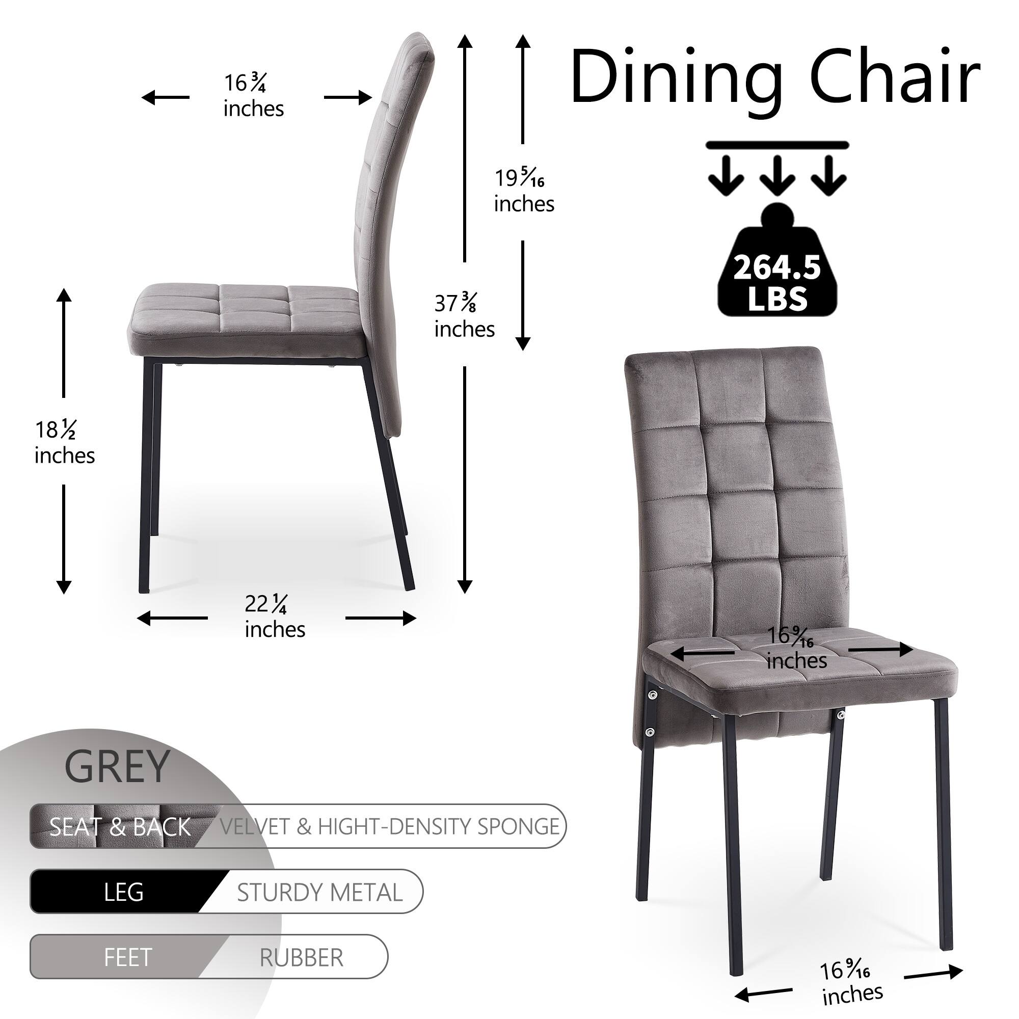 Velvet High Back Nordic Dining Chair Modern Fabric Side Chairs with Durable Metal Legs Dining Bench Set of 2, Grey+Black