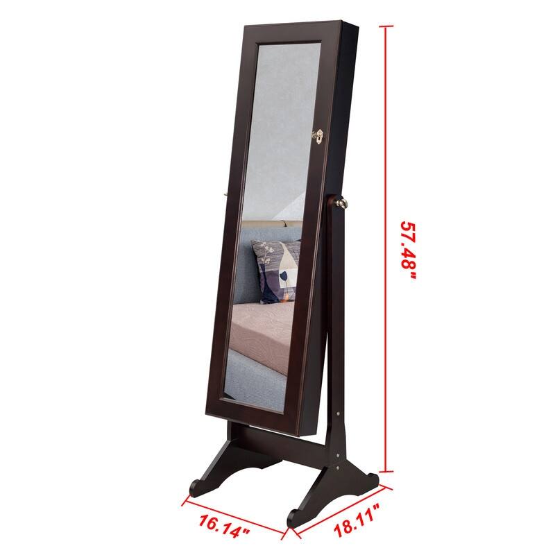 Jewelry Cabinet with Full-length Mirror and Built-in Small Mirror, 2-in-1 Mirror Cabinet and Jewelry Rack - Brown