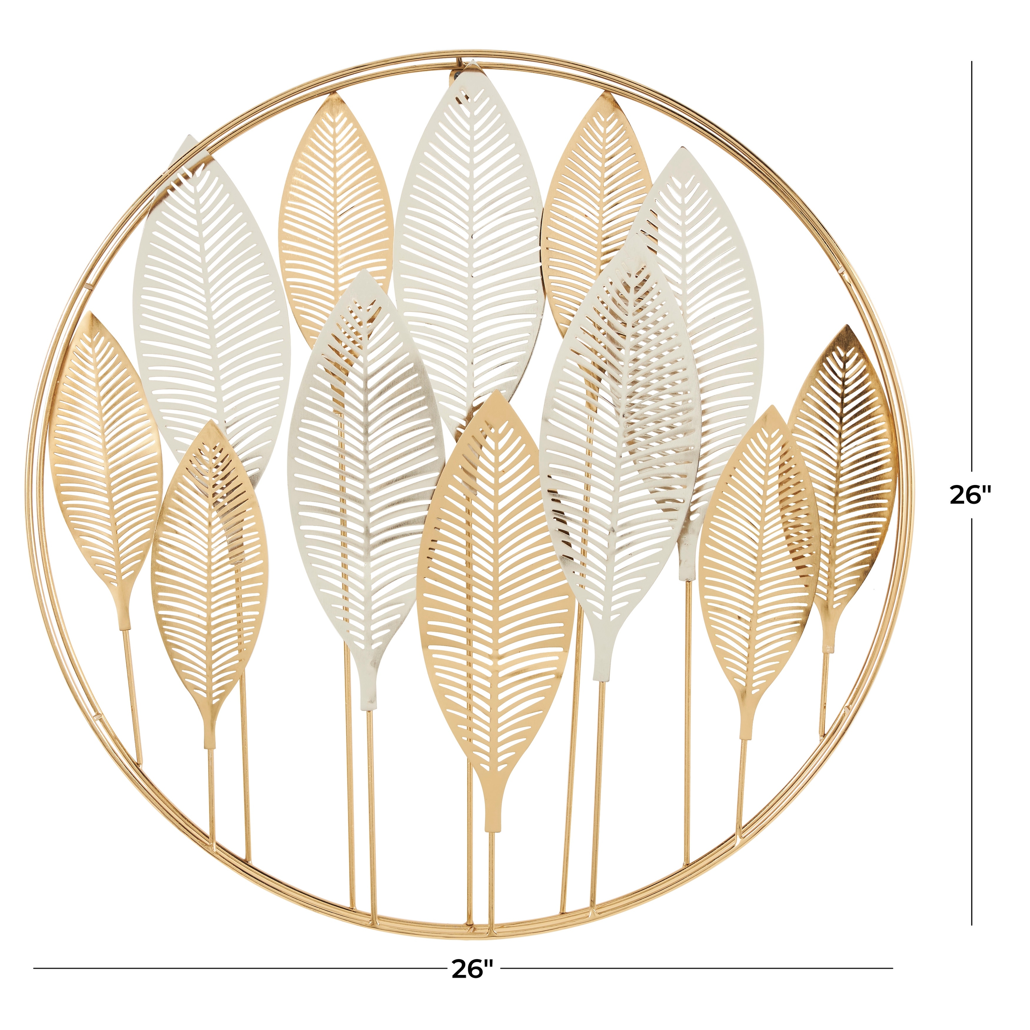 Gold Metal Metallic Leaf Wall Decor with Circular Frame and Silver Accents