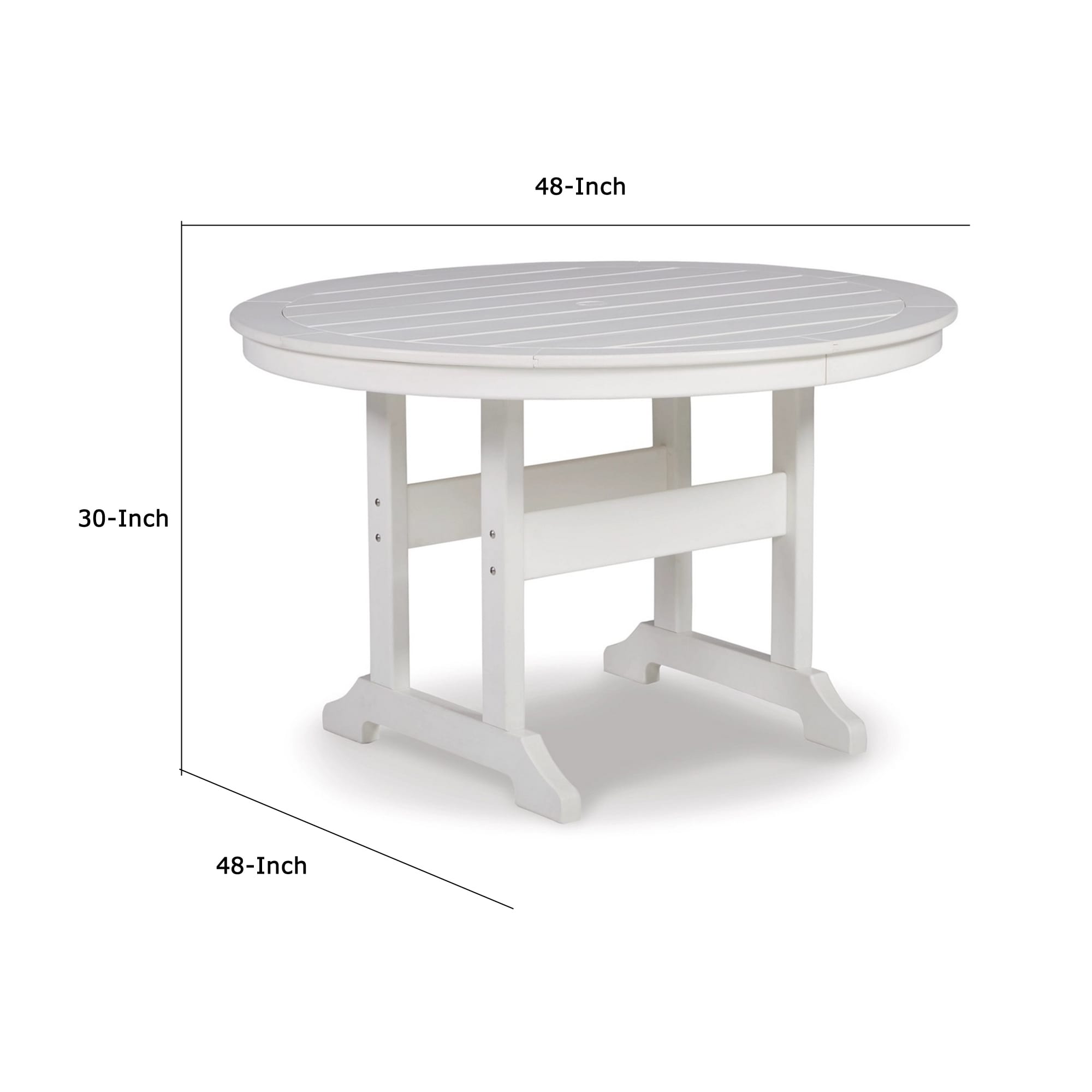 48 Inch Round Dining Table with Trestle Legs, Umbrella Hole, White Finish
