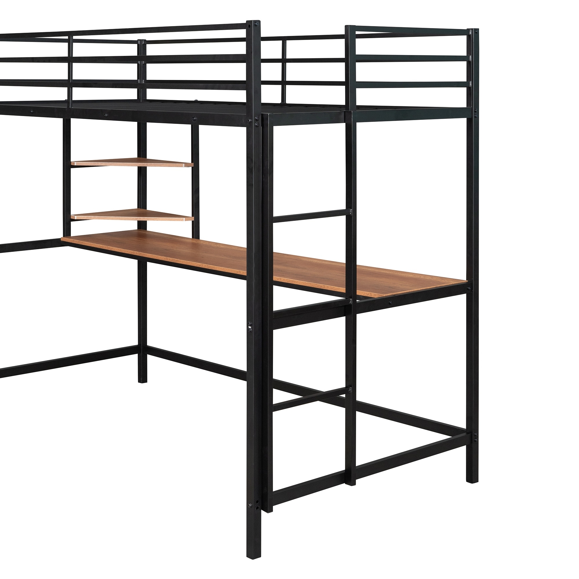 Twin Size Metal Loft Bed w/Desk & Shelves,Loft Bunk Bed Over Desk w/Ladder, Urban Industrial Over Workspace Metal Loft Bed,White