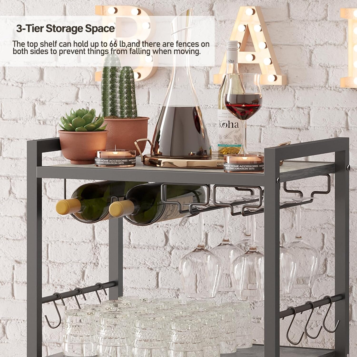 Mobile Kitchen Shelf with Wine Rack and Glass Holder