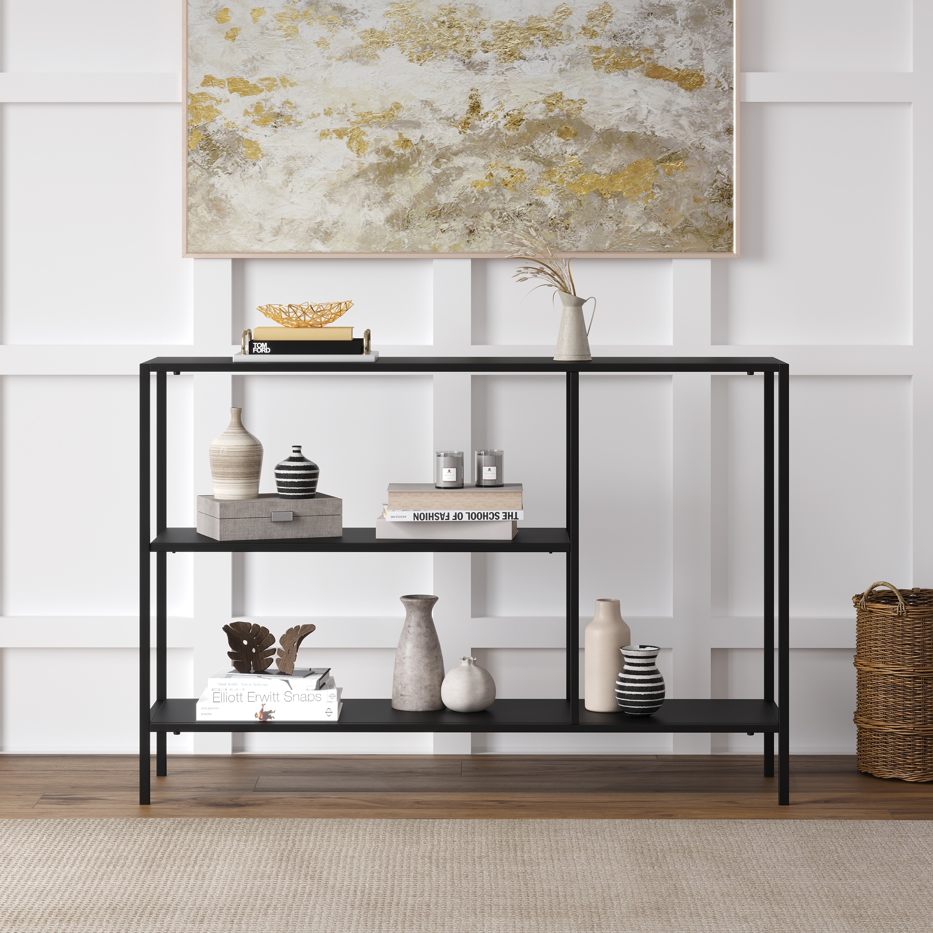 31.5 H x 11.8 W x 47.2 Black Modern Console Table with Shelves, Base Levelers, and Tip Restraint Hardware