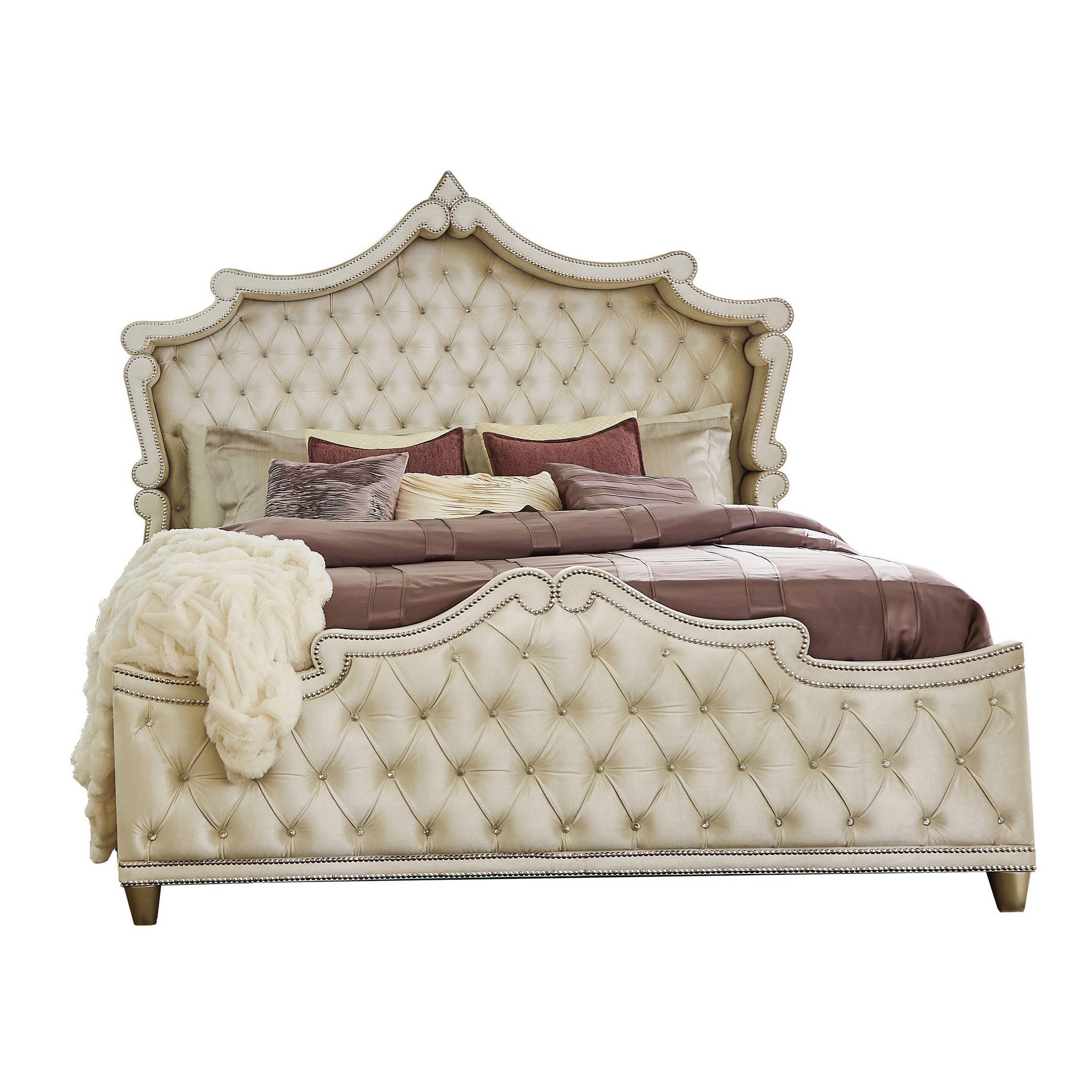 Lino California King Bed, Ivory Tufted Velvet Upholstery, French Carved