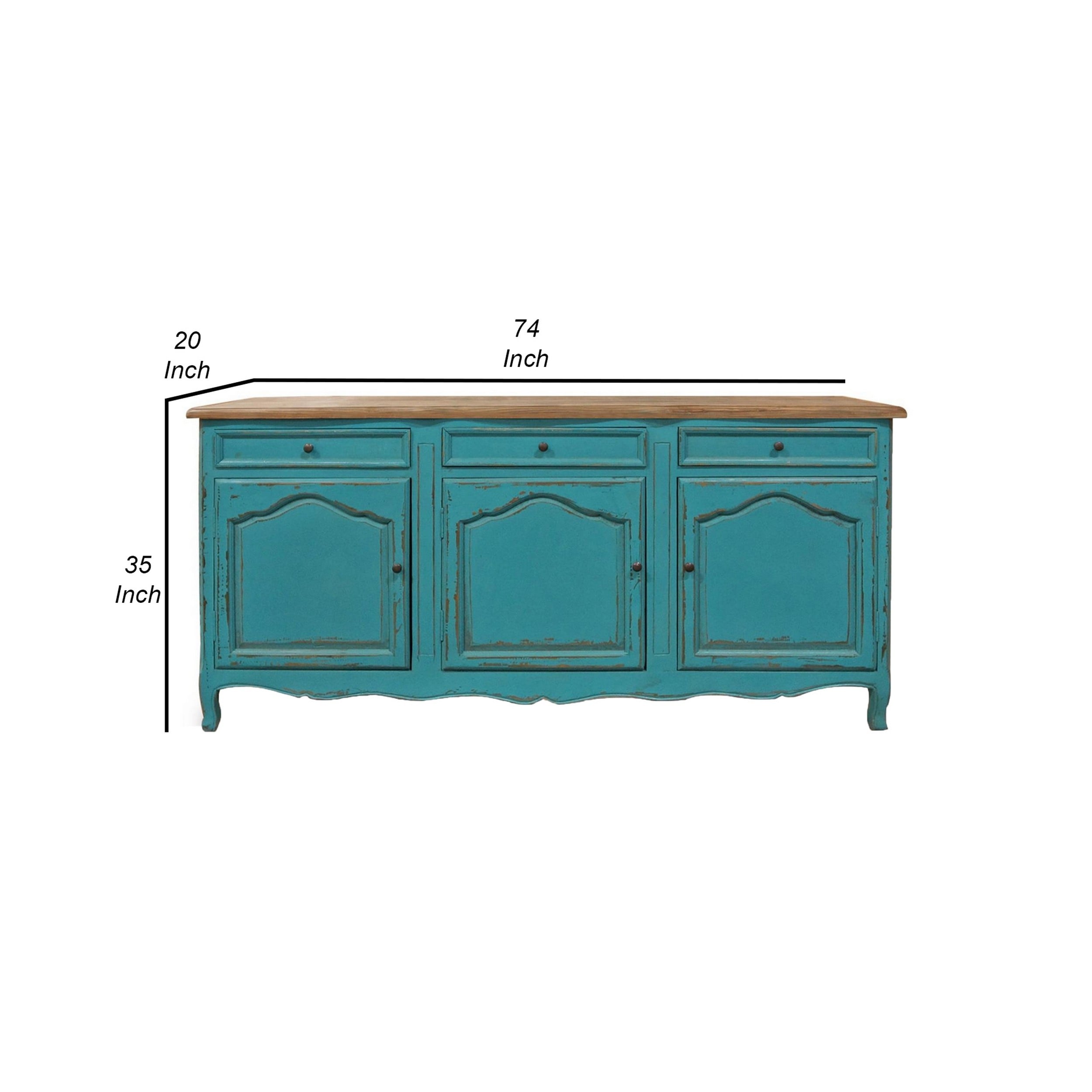 74 Inch Sideboard Buffet Cabinet, 3 Doors and Drawers, Painted Teal Finish