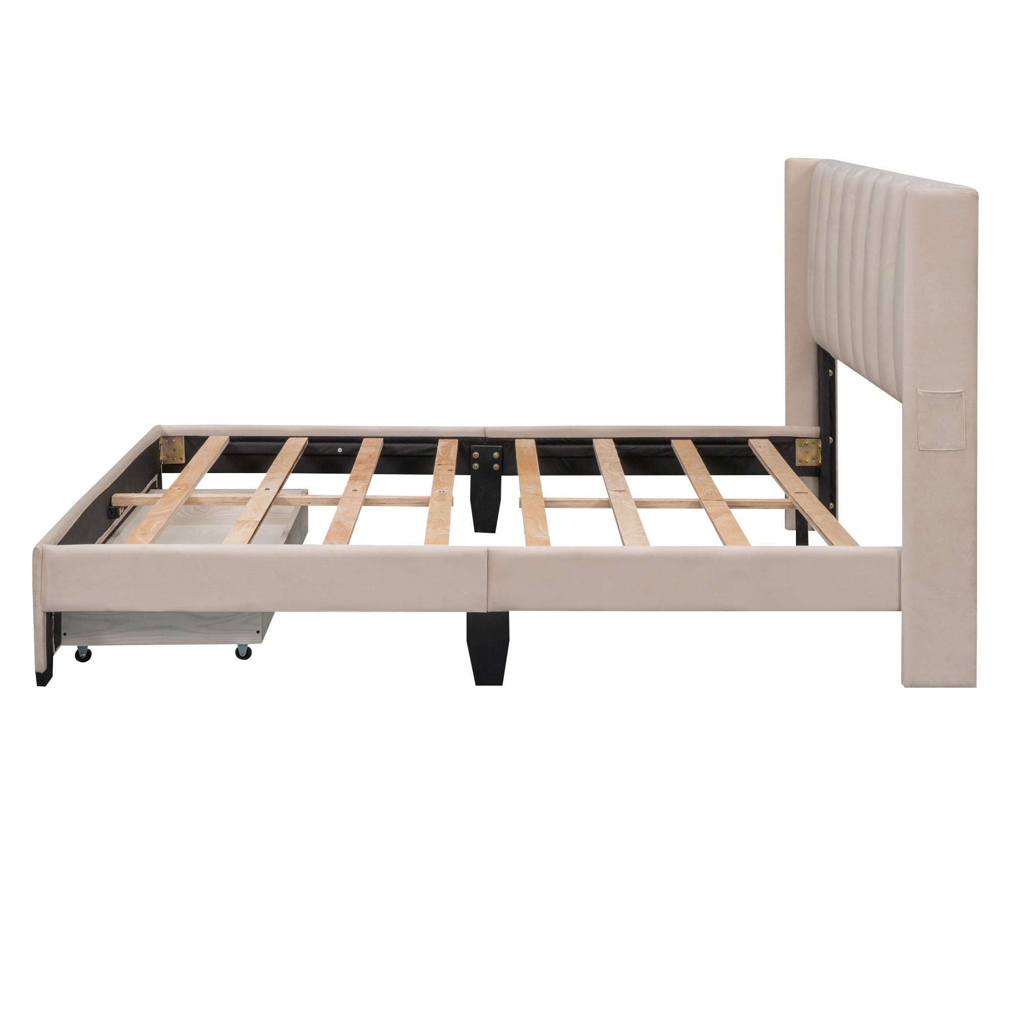 Queen Velvet Upholstered Platform Bed, Storage Bed w/A Big Drawer & 2 Small Pockets, Wooden Bed Frame w/Wood Slats Support,Beige
