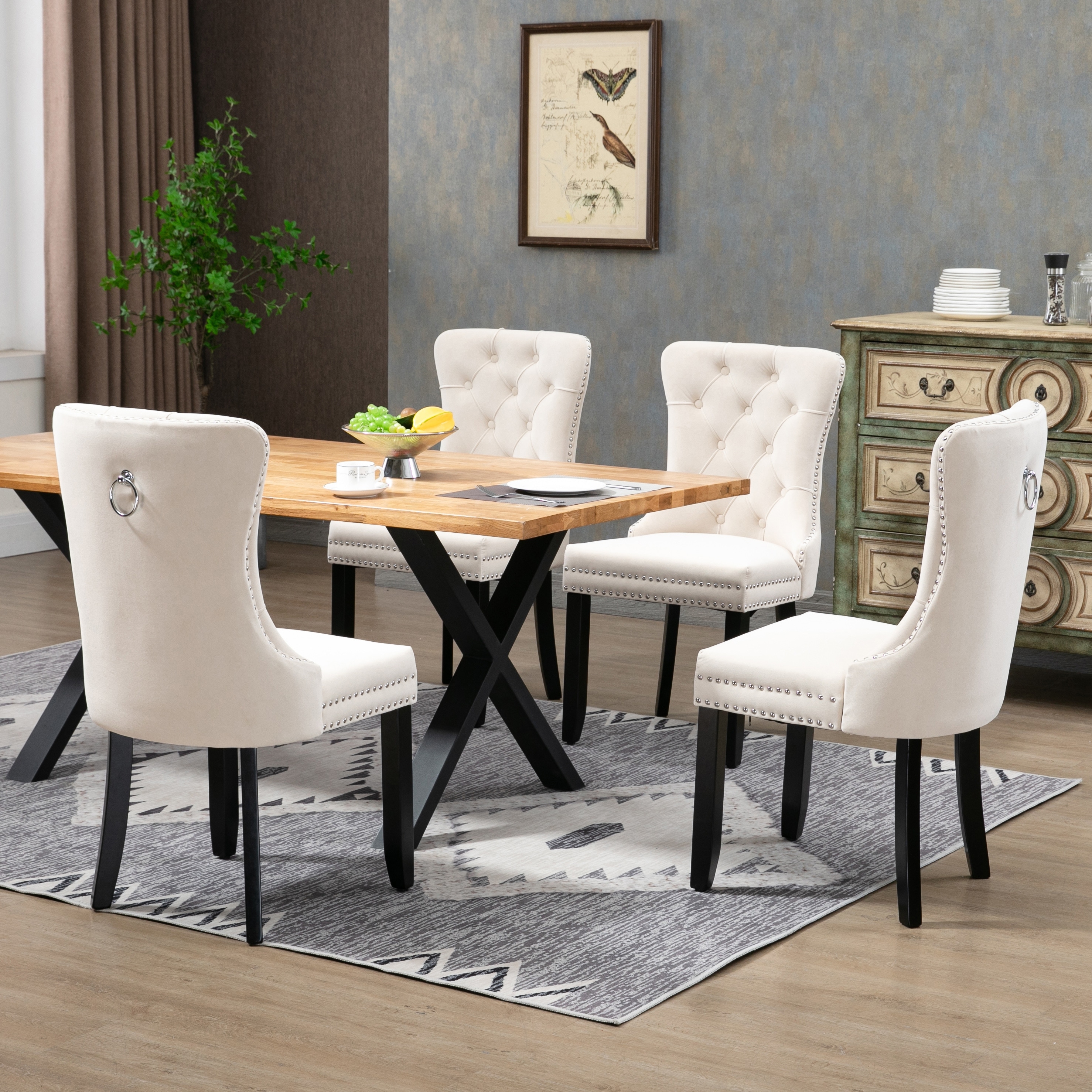 Upholstered Dining Chair Tufted Solid Wood Accent Chair with Nailhead Trim (Set of 2)
