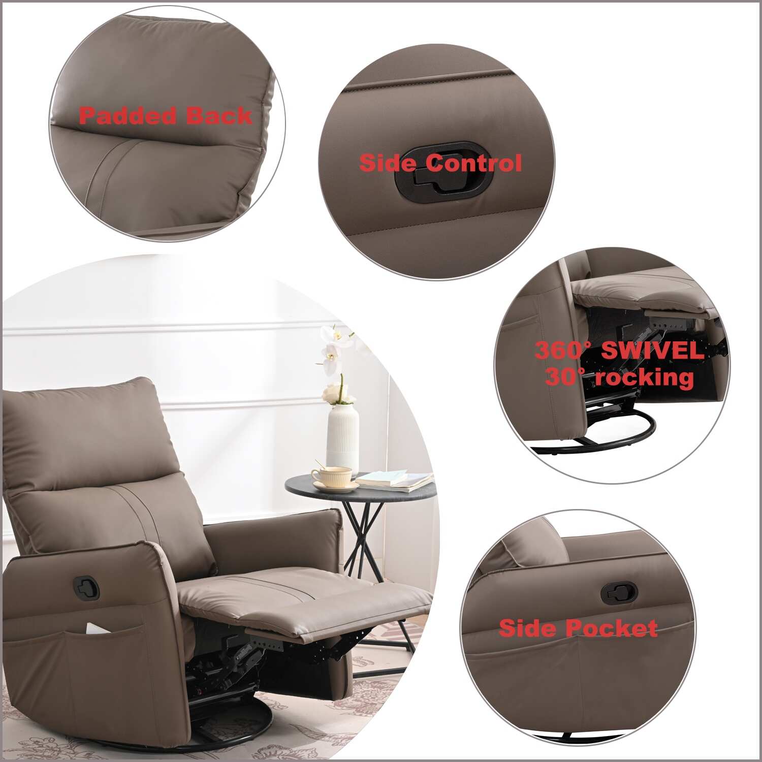 Modern Small Rocking Swivel Recliner Chair for Bedroom,Living Room Chair Home Theater Seat,Side Pocket