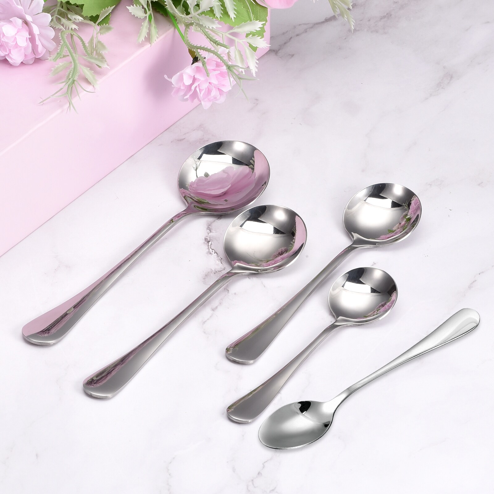 12Pcs 5" Stainless Steel Soup Spoon Tea Spoons Squared Edge Dinner Spoons Silver