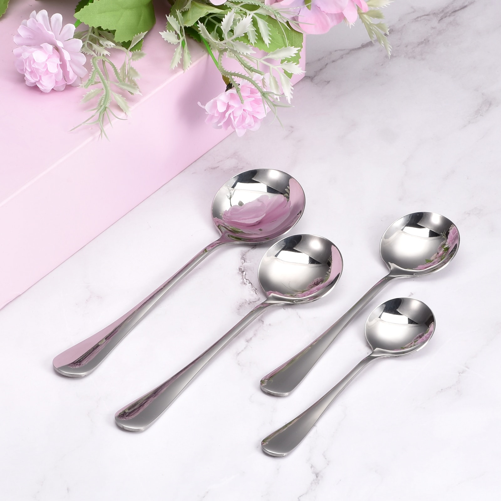 6Pcs 5.1" Stainless Steel Soup Spoon Tea Spoons Round Dinner Spoons - Silver