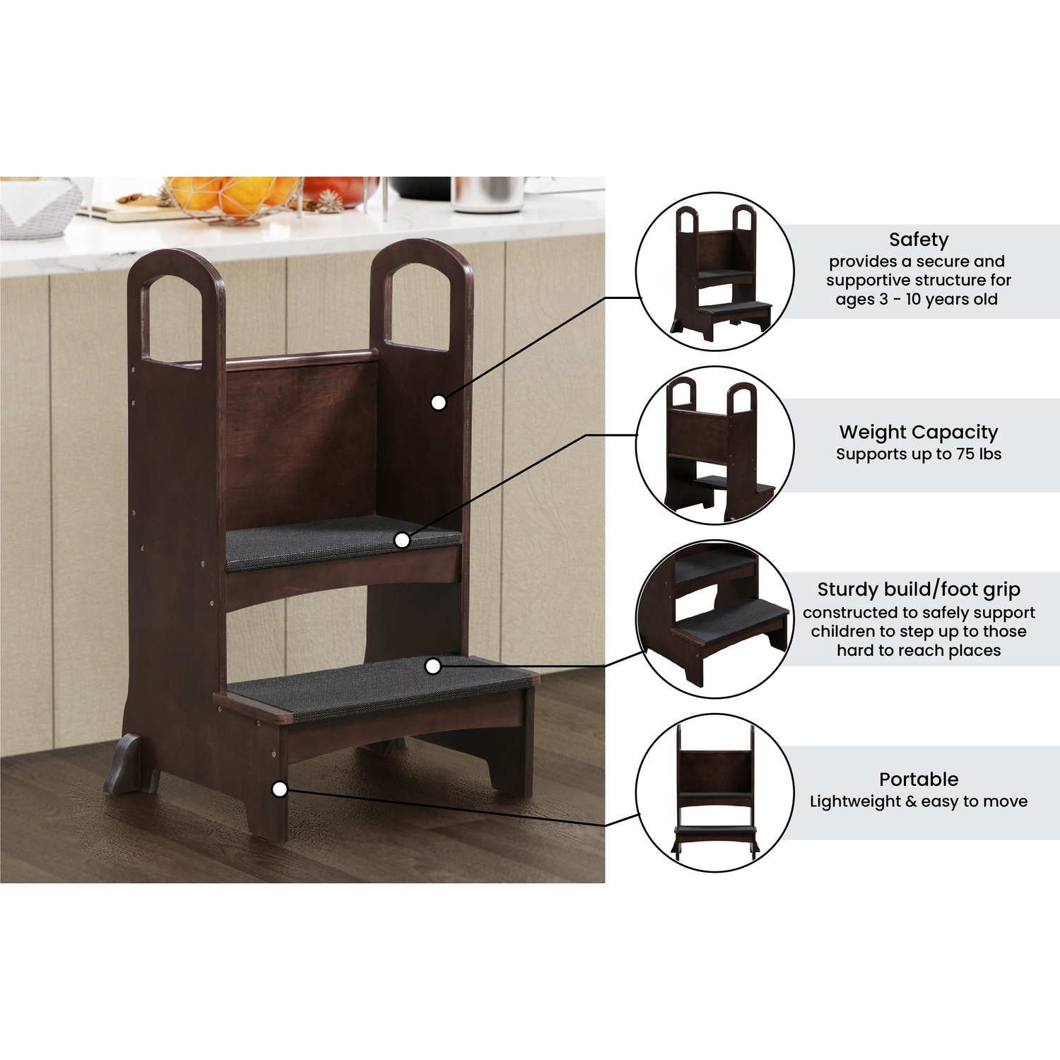 Step to It Kitchen Step Stool with Safety Rail, Kitchen Helper Stool For Toddlers