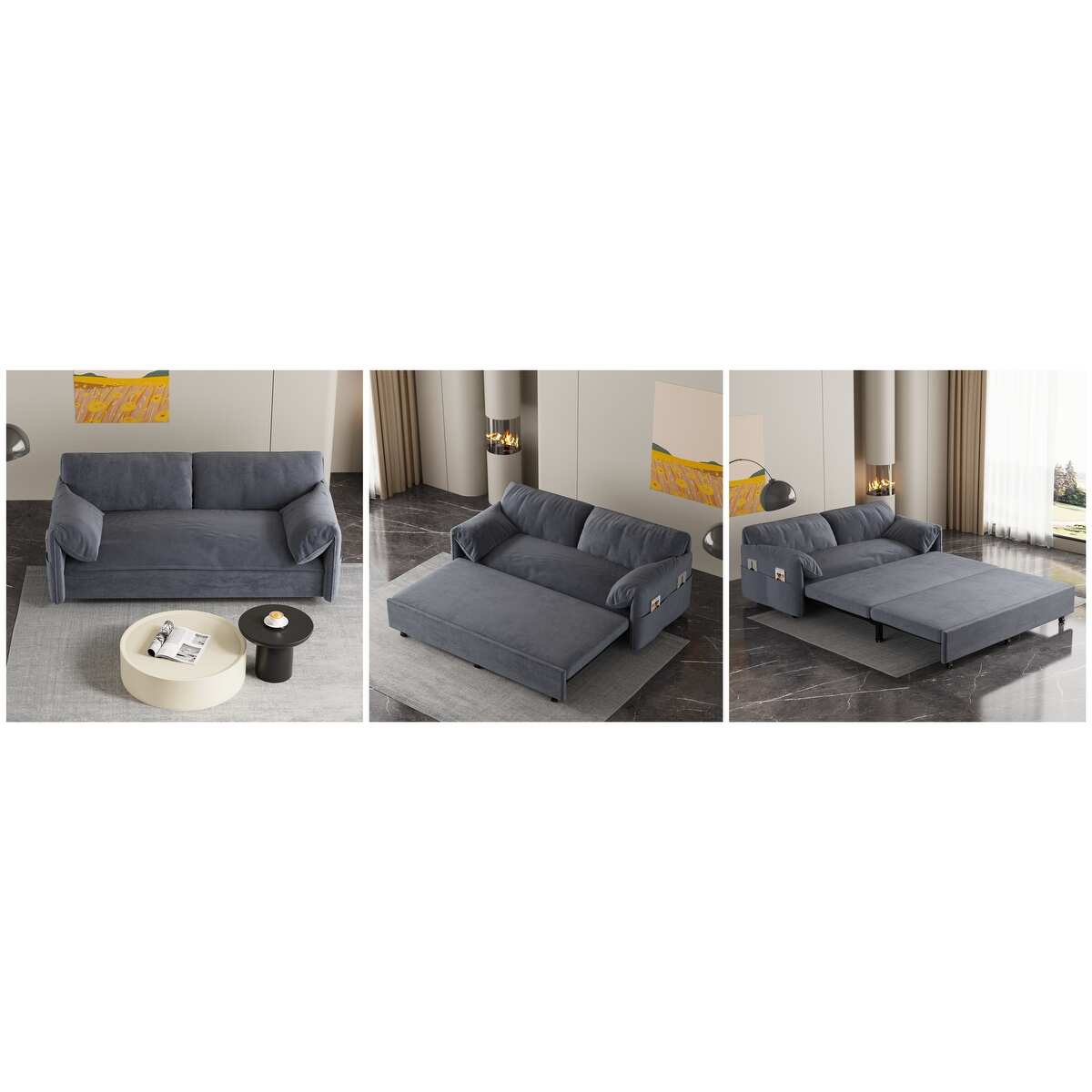 Sleep Loveseat Sofas w/ Pull-out Bed for Livingroom Velvet Futon Sofa Bed with USB Port and Adjustable Headrest Chaise