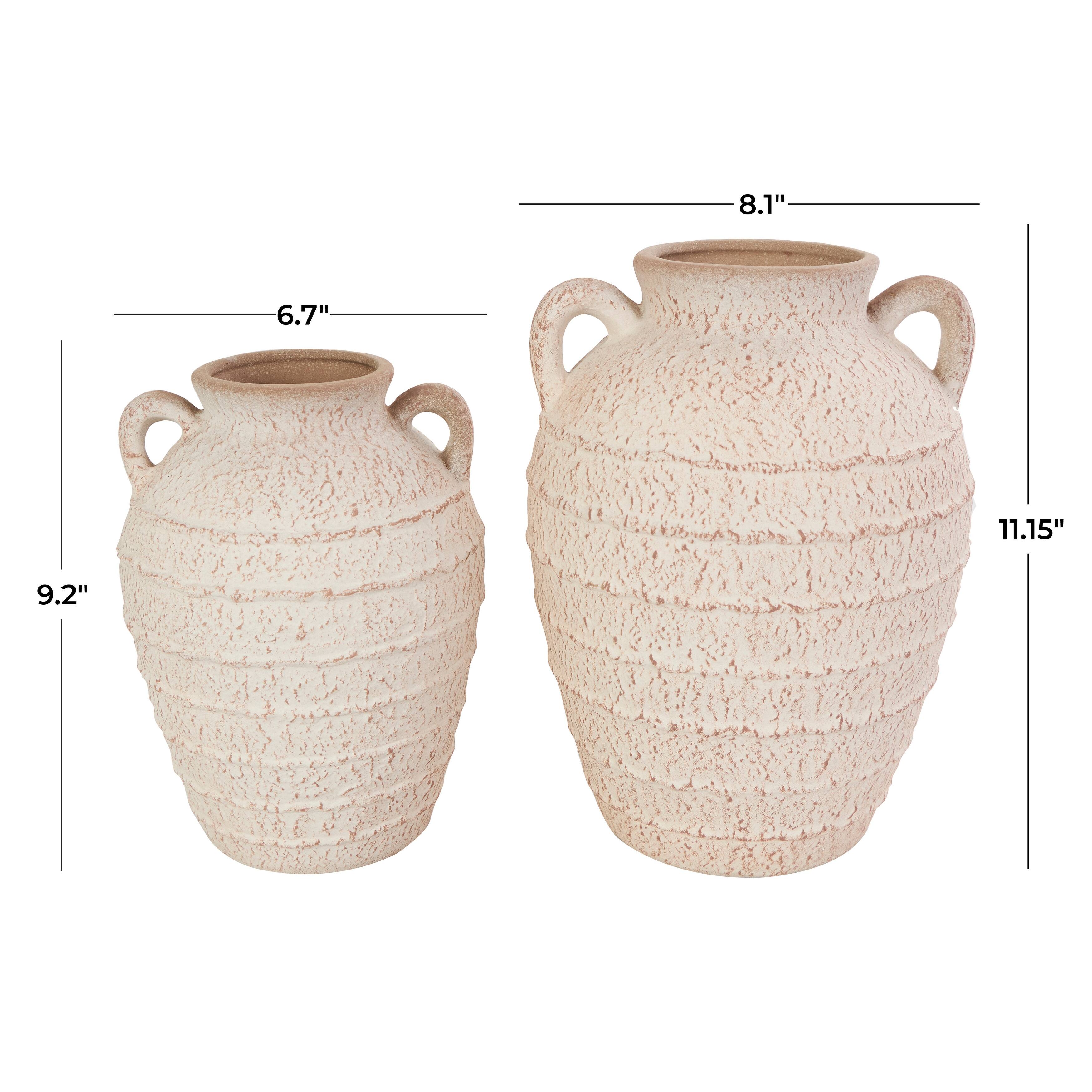 Cream Ceramic Textured Vase with Handles and Terracotta Accents (Set of 2)