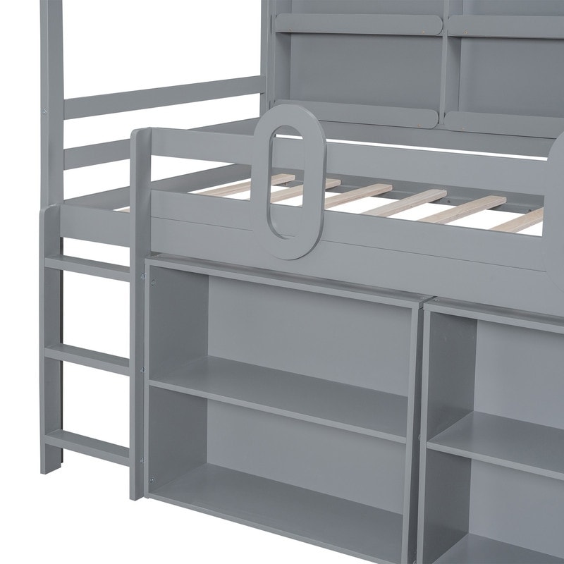 2Colors Wood Twin Size House Bed Loft Bed with Shelves and Staircase