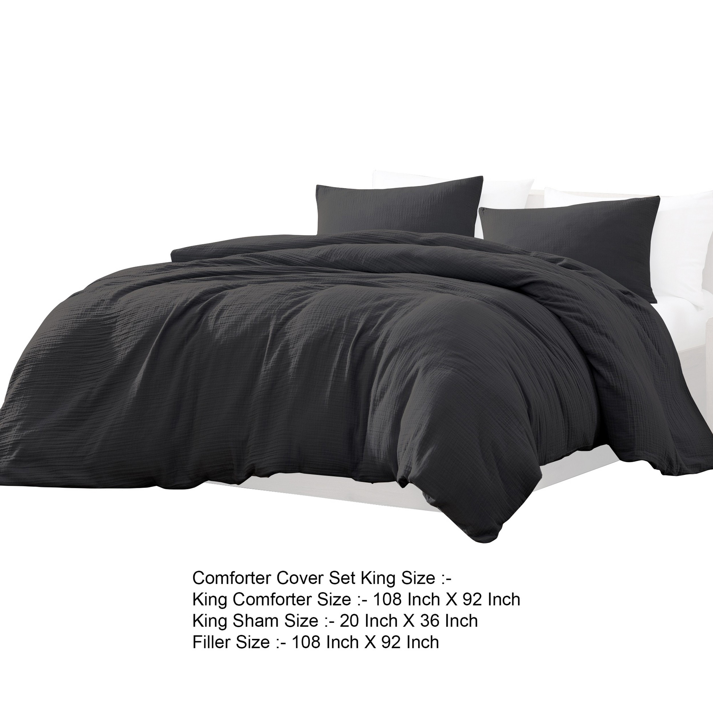 Uvi 3 Piece King Comforter Set, Cotton, Natural Crinkled Texture, Black