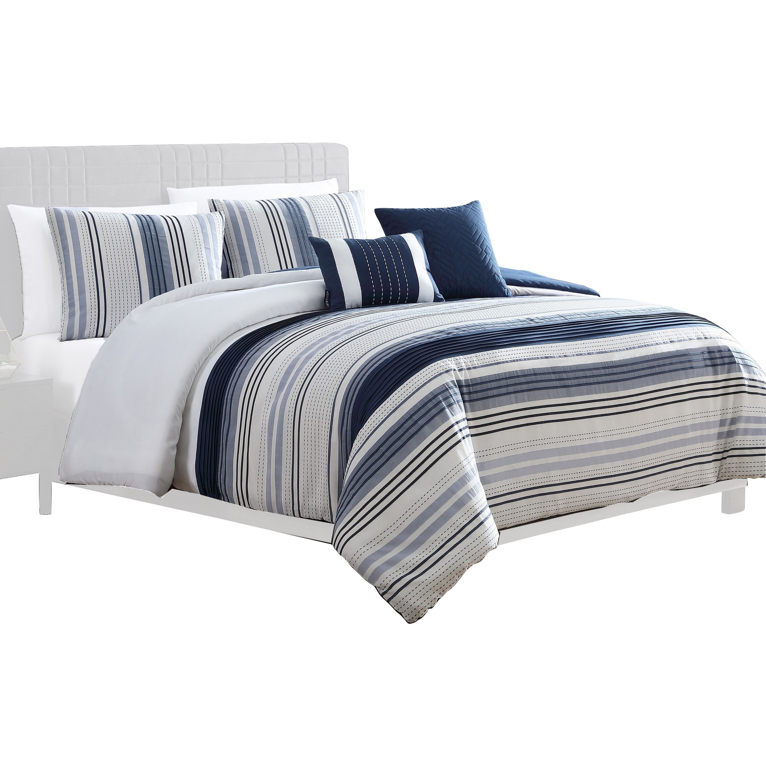 Alfa 5 Piece King Comforter Set, Jacquard Woven Stripes, Blue, White