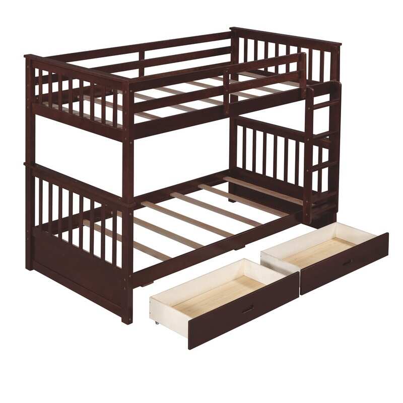 Espresso Twin Bed with Ladders ,Bunk Bed with 2 Storage Drawers and Guardrail